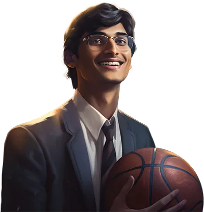 A tall and young indian man dressed in a suit and holding a basketball denoting a career change.
