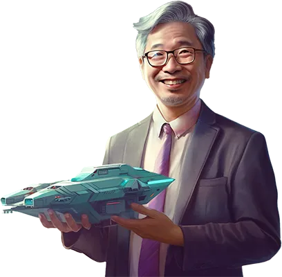 A polite-looking middle-aged male asian Company Director dressed in an expensive suit, holding a model spaceship denoting that he is in command.